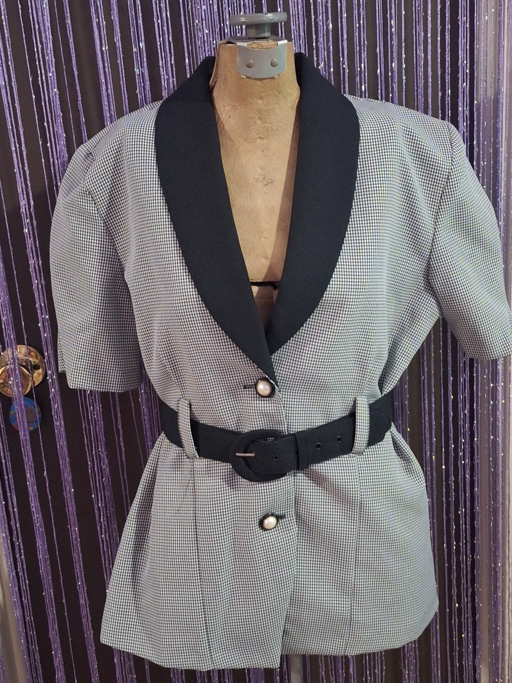 Houndstooth Short Sleeve Belted Blazer Jacket - Black/White